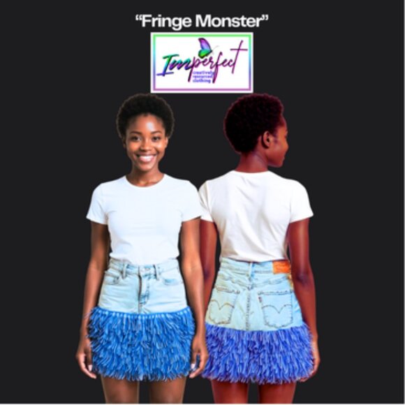 Upcycled denim skirt with fringe - Picture 1 of 2